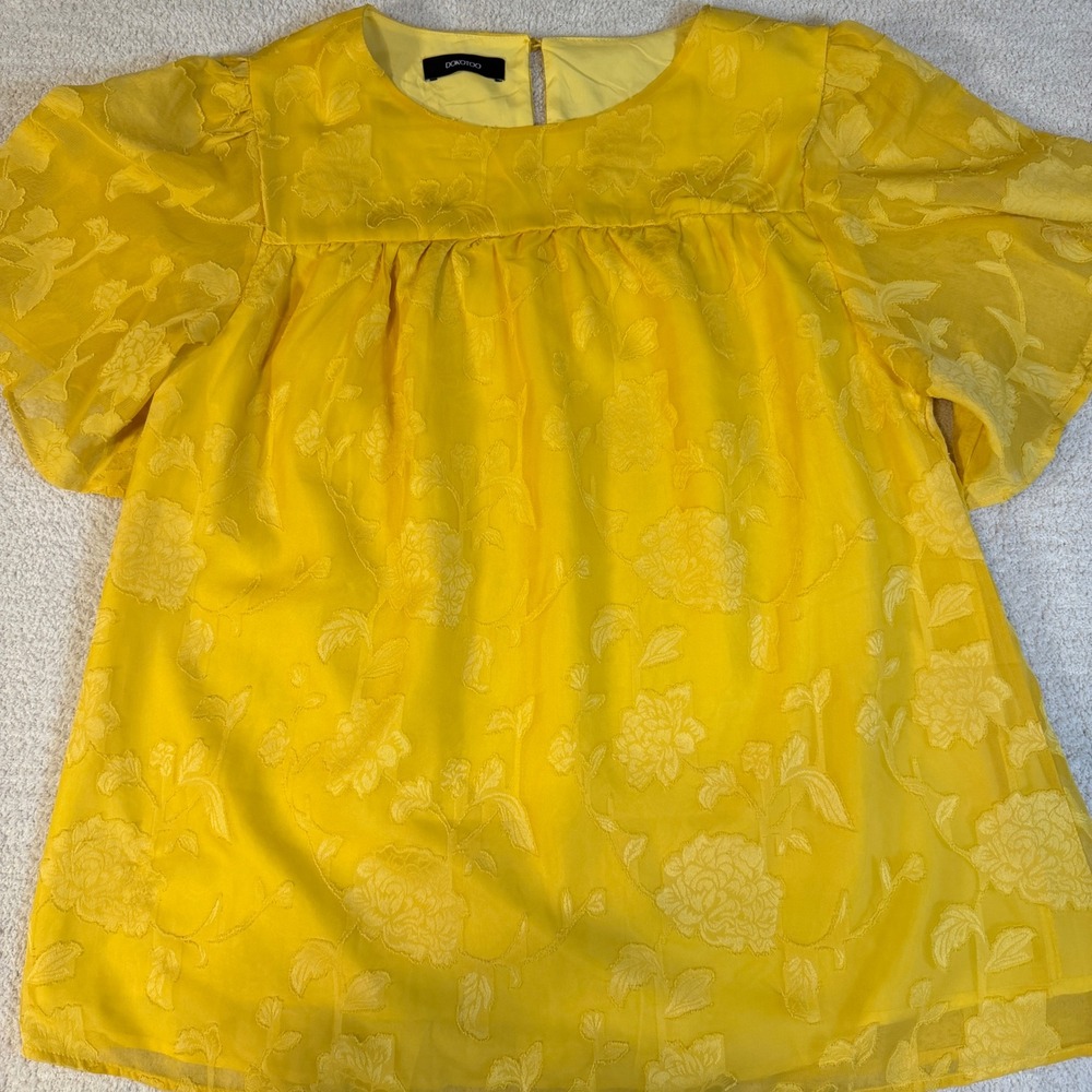 Dokotoo Yellow Floral Jacquard Chiffon Babydoll Blouse Flutter Sleeve Top